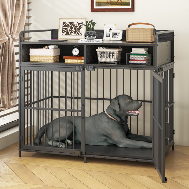 "Large Black Dog Crate with Storage Drawers, Heavy Duty Wood and Metal