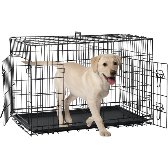 Dog Crate for Large Medium Small Dogs, Folding Dog Kennel Cage with Plastic Tray & Divider 48"/42"/ 36"/ 30"/ 24" Indoor Outdoor Metal Double Door Heavy Duty Dog Pen Enclosure, Black(36 Inch)
