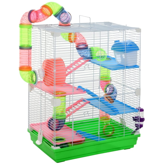 Dog Crate, PawHut 18" 5 Tier Hamster Cage with Tubes and Tunnels, Small Animal Cage with Portable Carry Handle, Rat Gerbil Cage with Water Bottle, Food Dish, Exercise Wheel, Green Pet Playpen