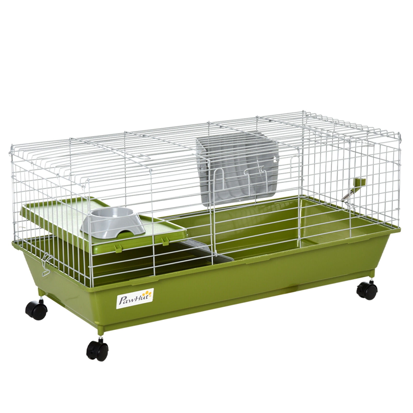 Dog Crate, PawHut 35"L Small Animal Cage, Rolling Bunny Cage, Guinea Pig Cage with Food Dish, Water Bottle, Hay Feeder, Platform, Ramp for Ferret Chinchilla, Green, Green Pet Playpen,Chicken Coop