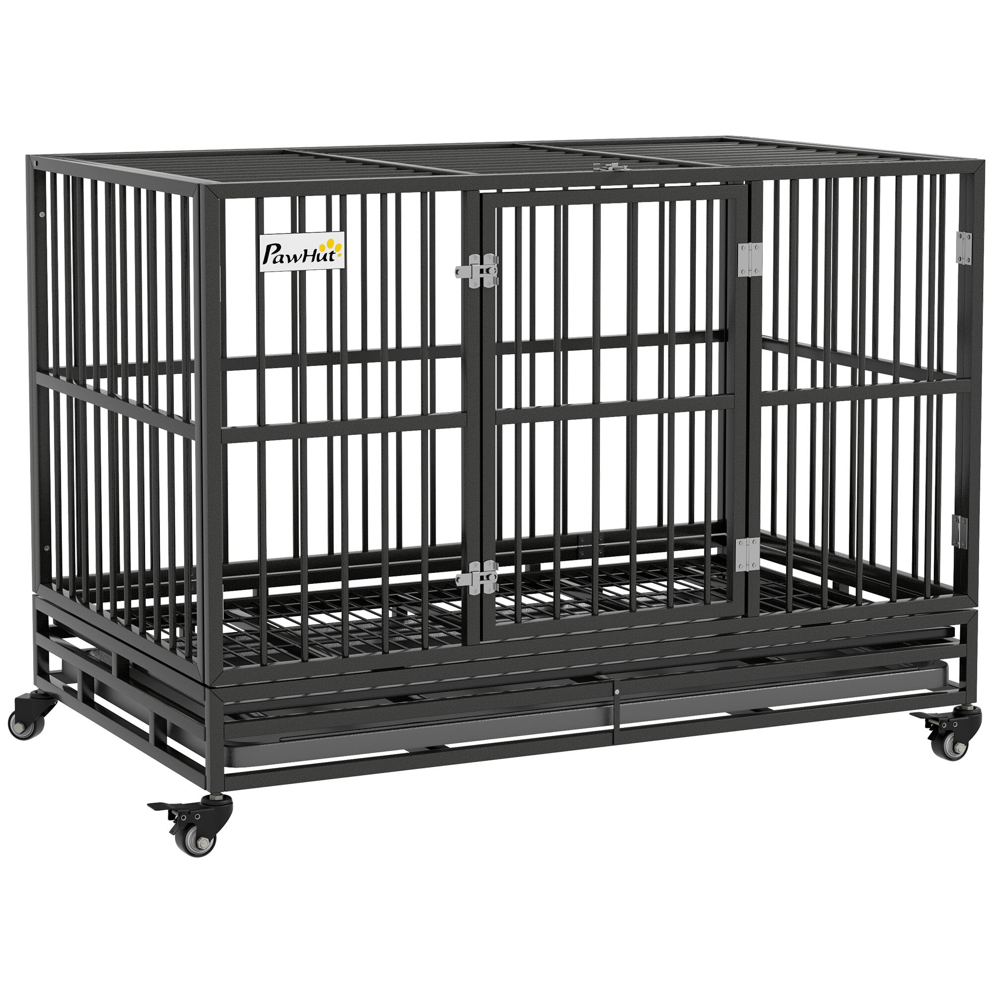 Dog Crate, PawHut 48" Heavy Duty Dog Crate Metal Cage Kennel with Lockable Wheels, Double Door and Removable Tray, Gray, Gray Pet Playpen,Steel Chicken Coop, Pet Supplies Pens & Hutches
