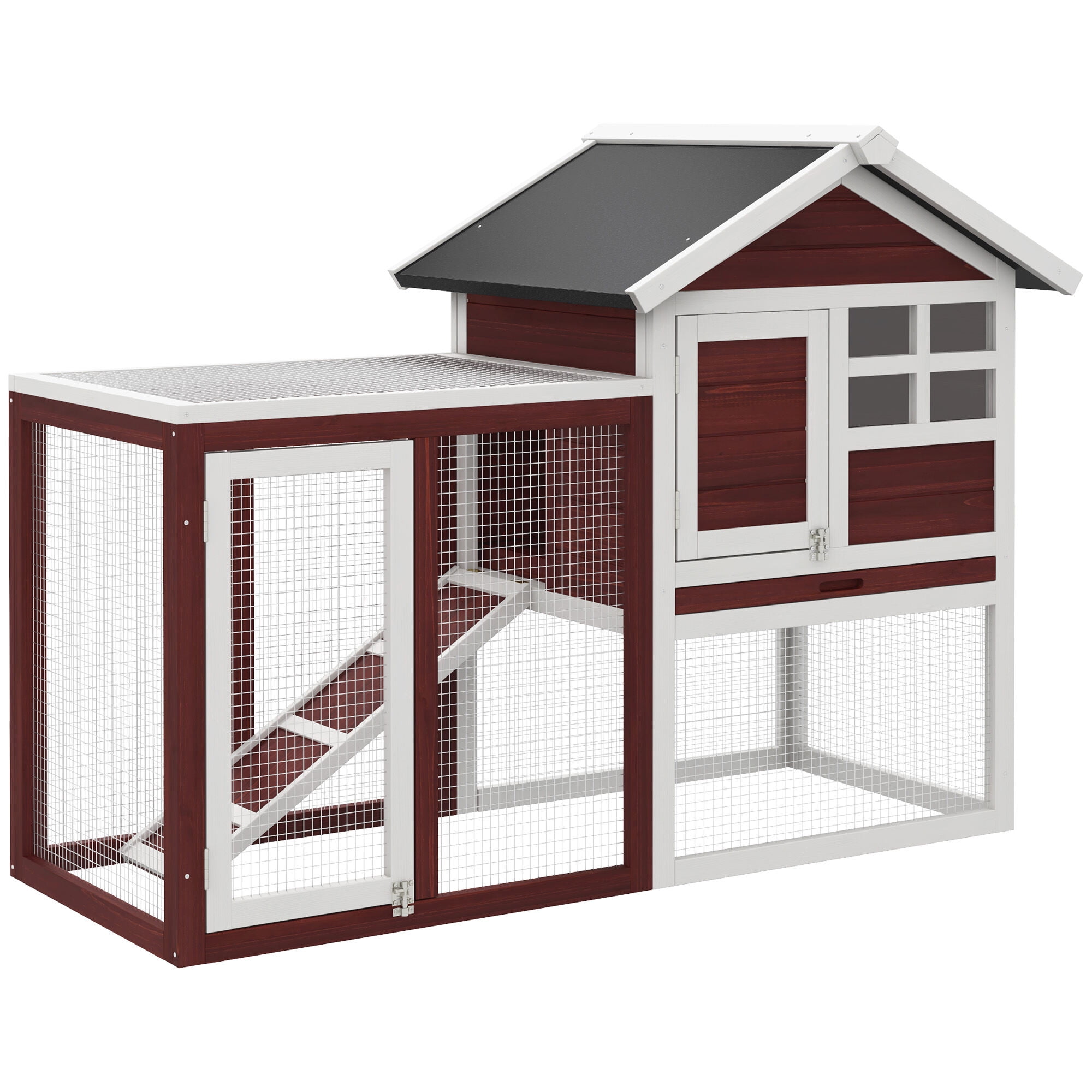 Dog Crate, PawHut 48" Wooden Rabbit Hutch Bunny Cage with Waterproof Asphalt Roof, Fun Outdoor Run, Removable Tray and Ramp, Brown, Brown+White Pet Playpen,Wood Chicken Coop