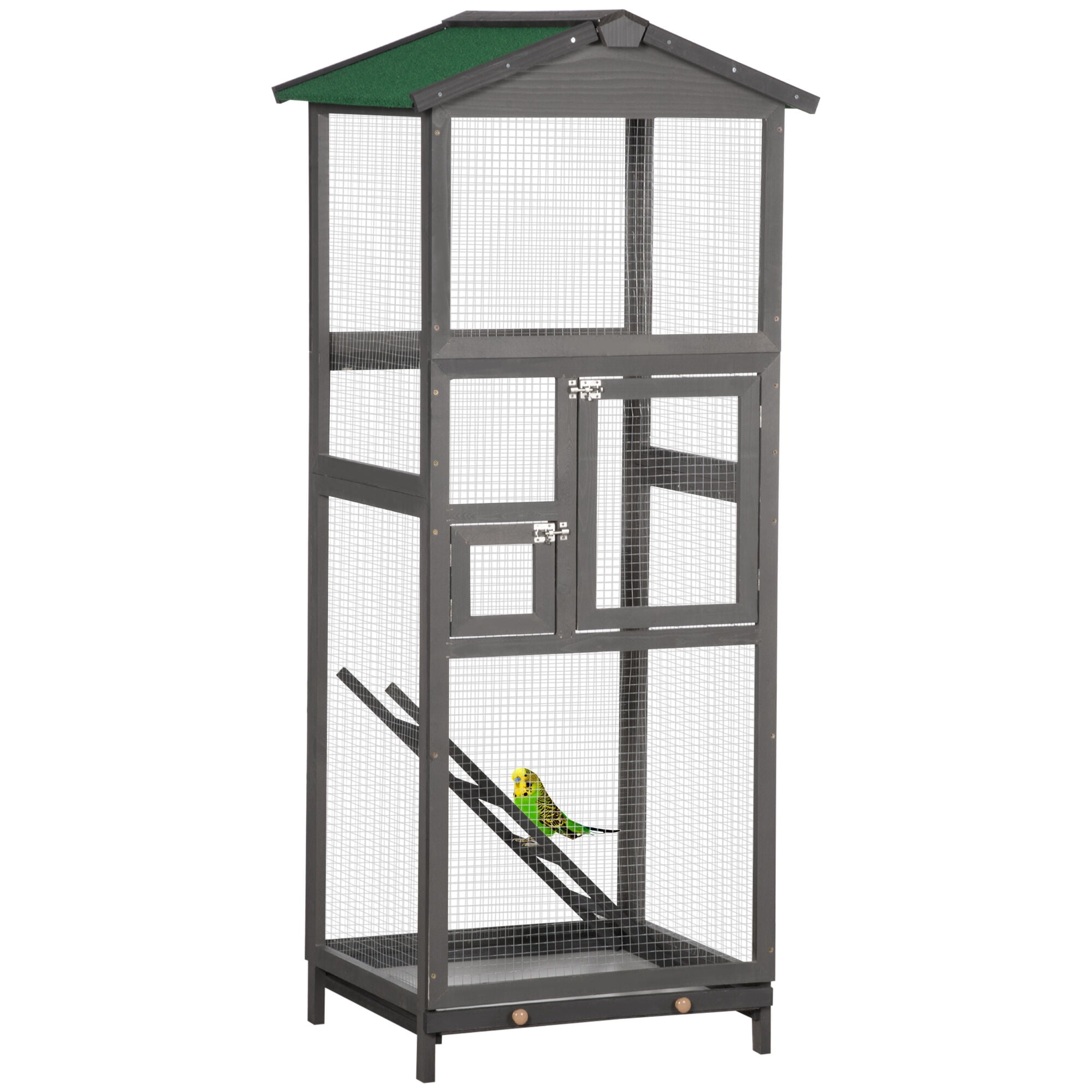 Dog Crate, PawHut 65" Wooden Bird Cage Outdoor Aviary House for Parrot, Parakeet, with Pull Out Tray and 2 Doors, Grey, Gray Pet Playpen,Wood Chicken Coop, Pet Supplies Pens & Hutches