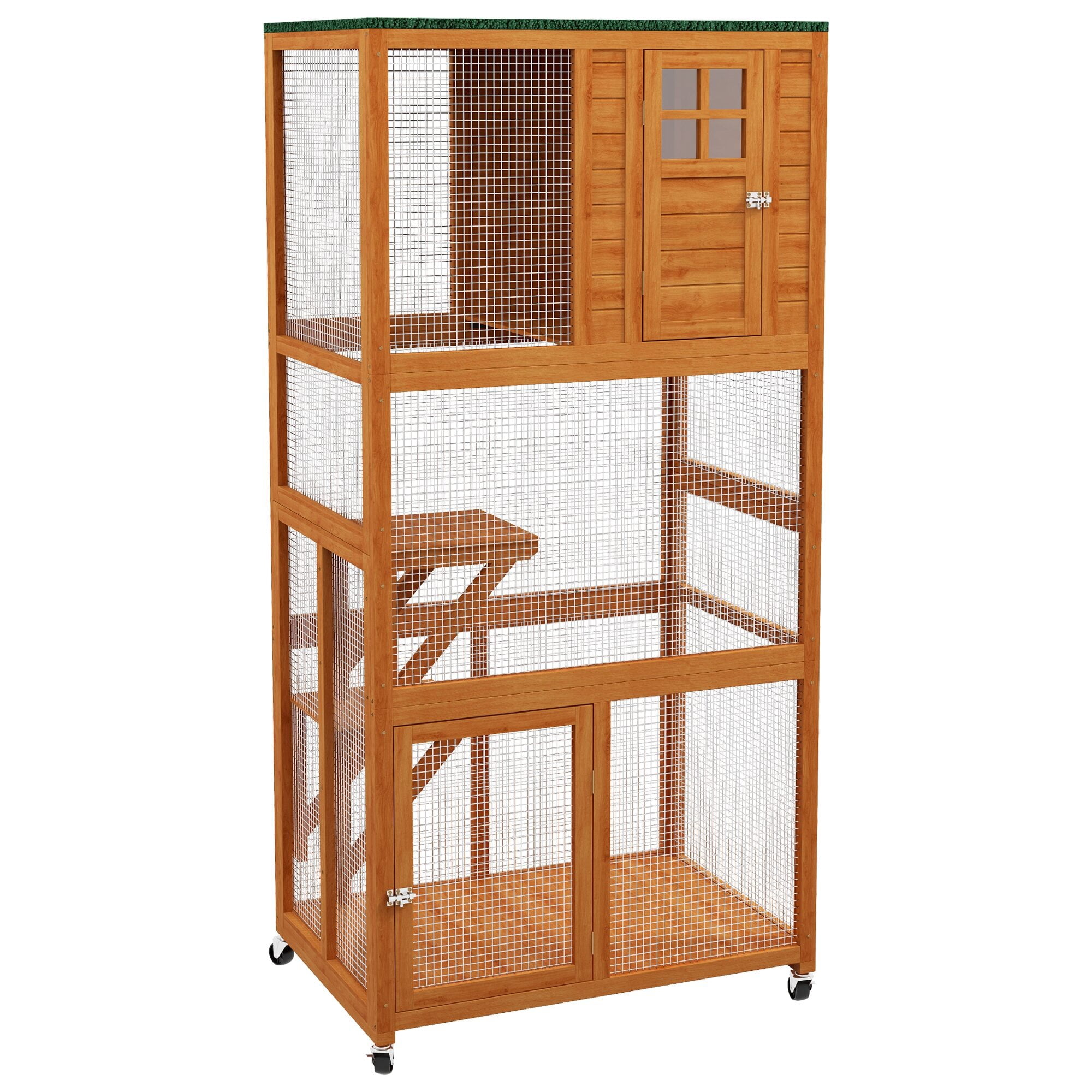 Dog Crate, PawHut 74" Wooden Outdoor Cat House Weatherproof & Wheeled, Catio Outdoor Cat Enclosure with High Weight Capacity, Kitten Cage Condo, Orange, Orange Pet Playpen,Wood Chicken Coop