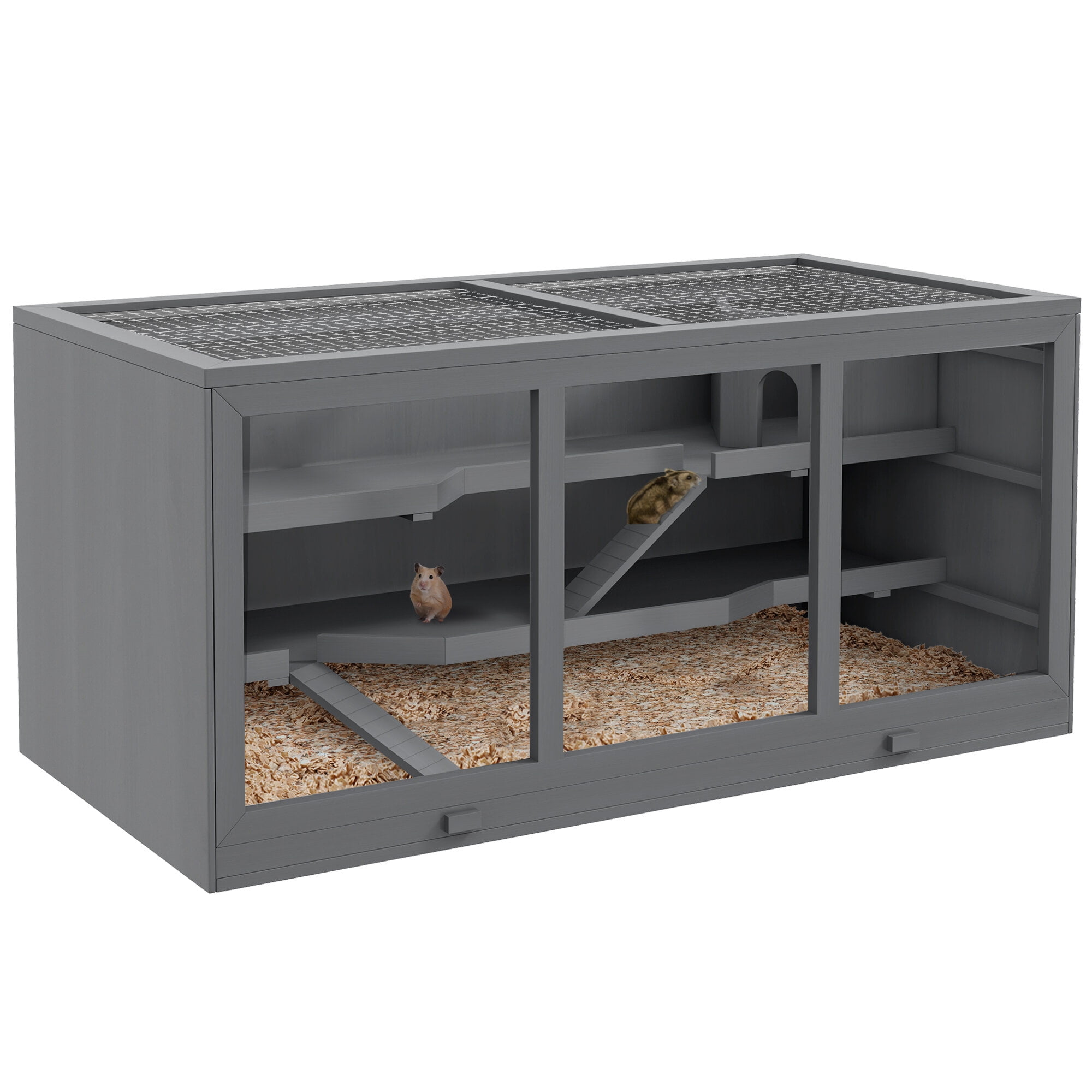 Dog Crate, PawHut Extra Large Wooden Hamster Cage, Gerbil Cage, and Other Small Animal Habitat, Hamster Habitat with Opening Roof, Hut, Ramps, Gray, Gray Pet Playpen,Wood Chicken Coop