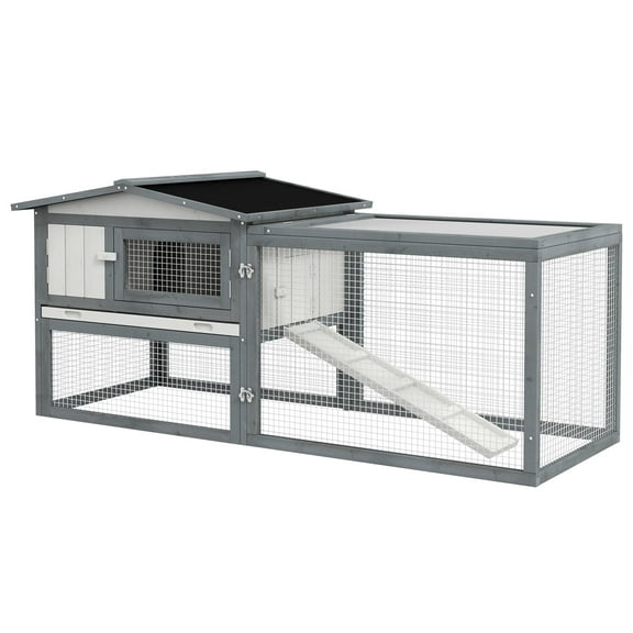 Dog Crate, PawHut Large Rabbit Hutch Outdoor, 2-Tier 61" L Rabbit Cage with Run Feeding Trough Wooden Guinea Pig Hutch with Removable Tray, Ramp, Asphalt Roof, for 1-2 Rabbits, White, Pet Playpen