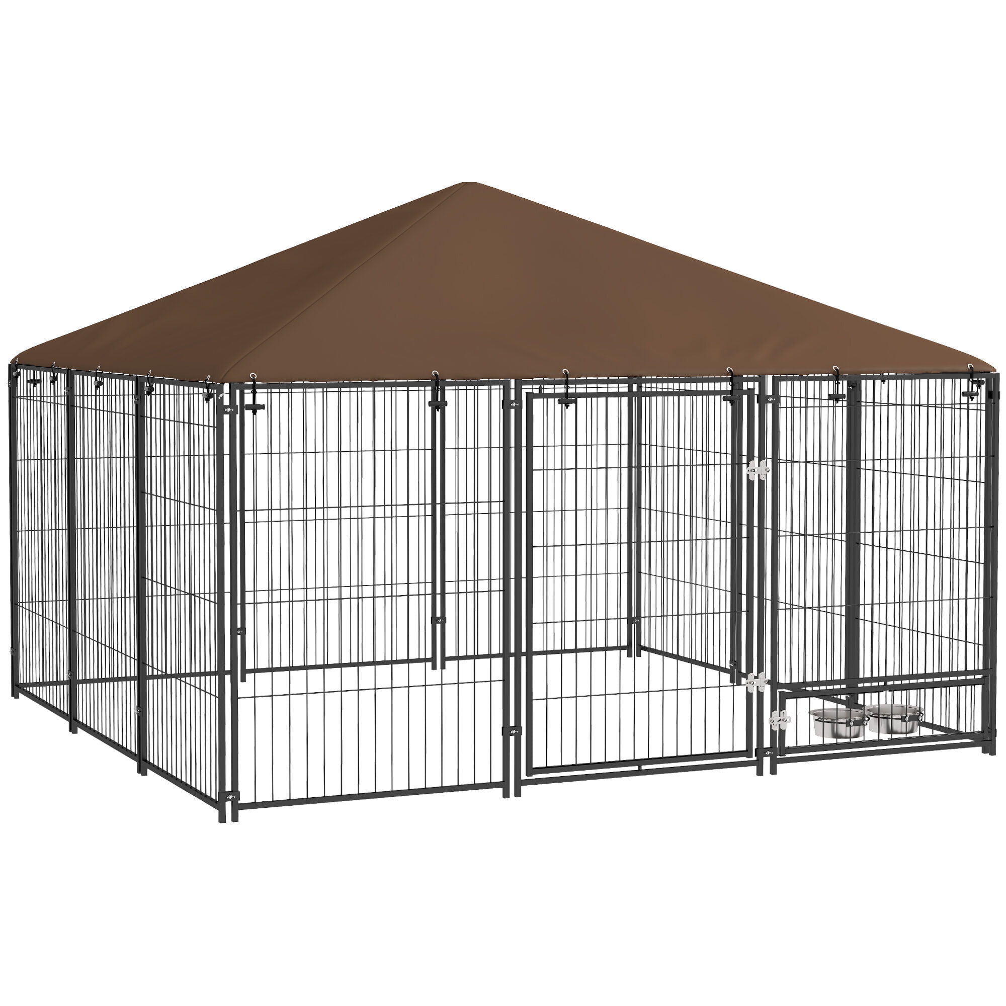Dog Crate, PawHut Outside Dog Kennel, 6.9' x 6.9' x 5' Puppy Play Pen with Canopy, Garden Playpen Fence Crate Enclosure Cage Rotating Bowl, Coffee, Coffee Pet Playpen,Metal Chicken Coop