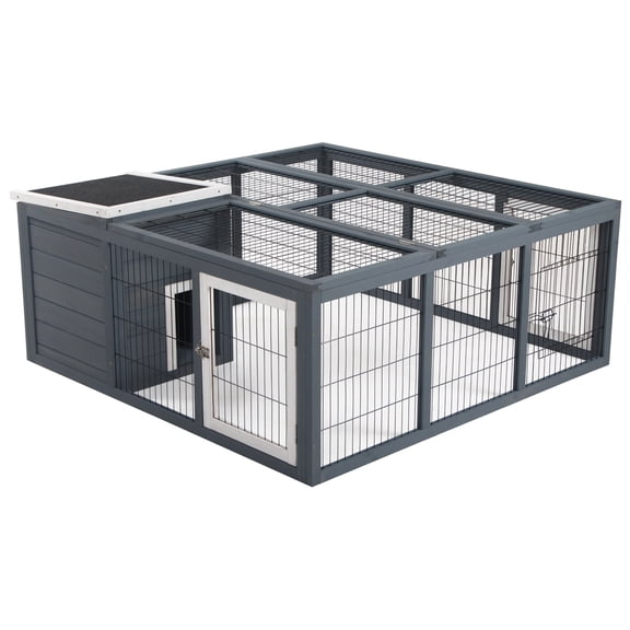 Dog Crate, PawHut Rabbit Hutch Bunny Cage with Openable Main House, Indoor Outdoor Waterproof Rabbit House, Guinea Pig Cage for Small Animals with Three Ventilation Doors, Gray, Gray Pet Playpen