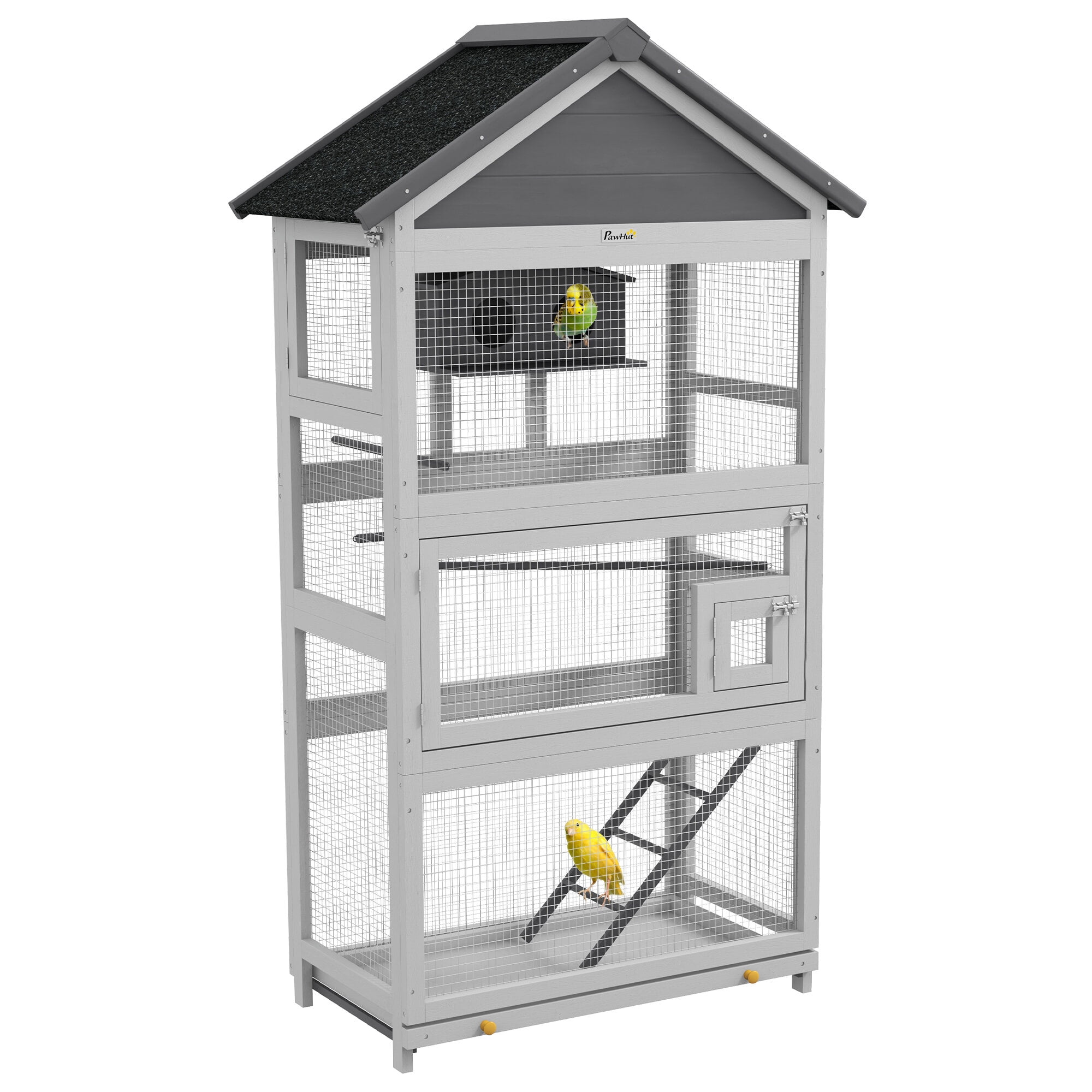 Dog Crate, PawHut Wooden Bird Aviary, 67" Outdoor Bird Cage with Slide-Out Tray, Three Doors, Birdhouse, Ladder, Perches for Finches, Parakeets, Gray, Gray Pet Playpen,Wood Chicken Coop