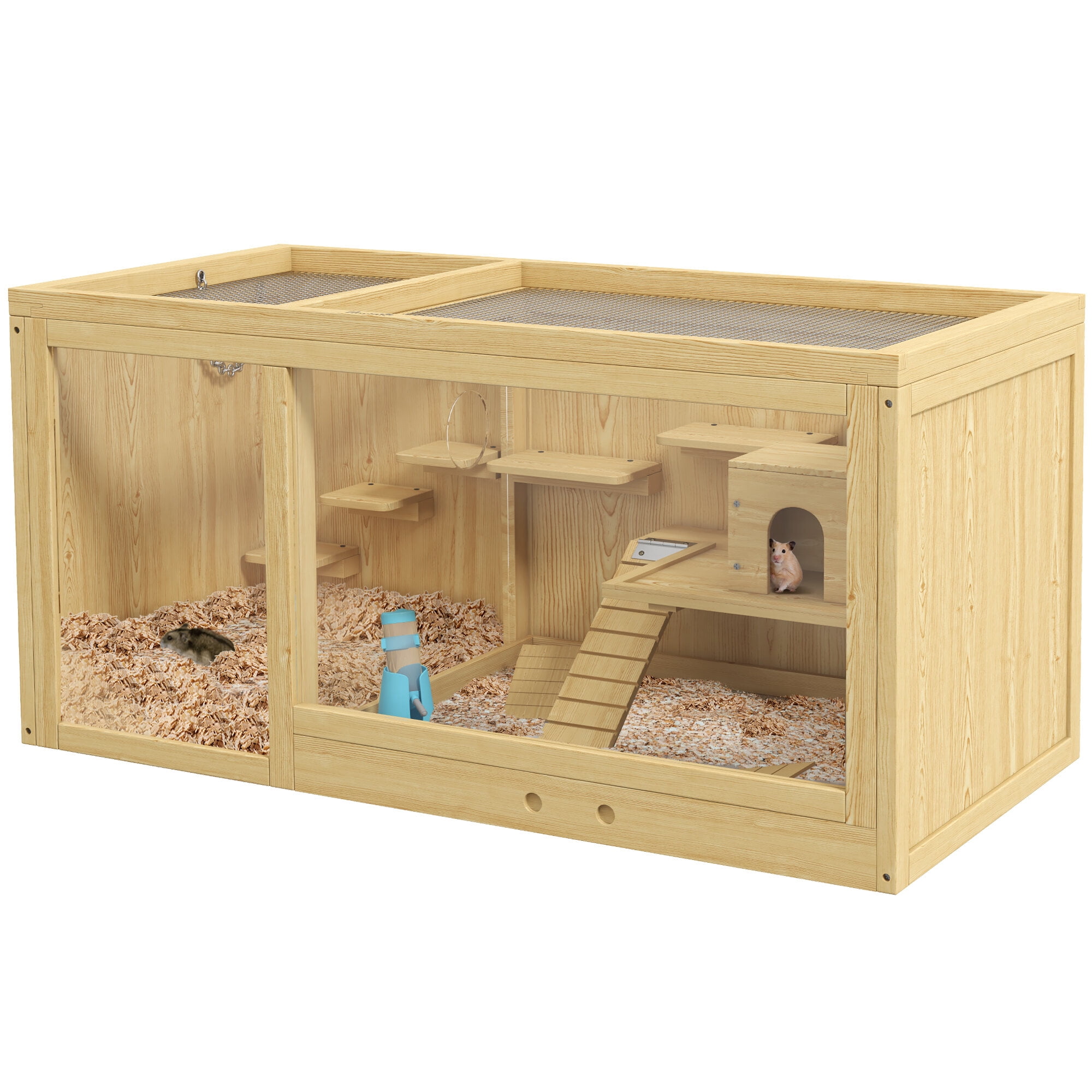 Dog Crate, PawHut Wooden Hamster Cage, Extra Large Gerbil Cage, Multi-Layer Small Animal Cage for Dwarf Hamster, Activity Center with Pull-out Tray, Seesaws, Water Bottle, Ladder, Openable Top
