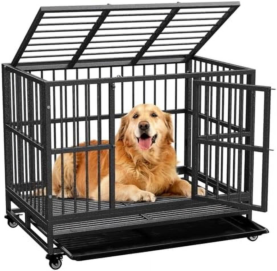 Dog Crate with Removable Tray, 37/42/46 Inch Indestructible and Escape Proof Steel Dog Cage ...