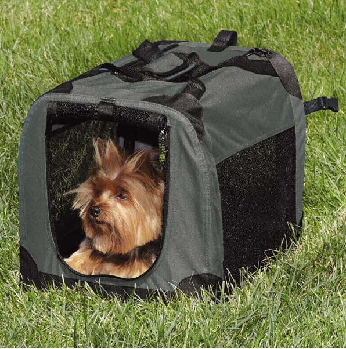 View of Dog Crate Soft Side Collapsible Charcoal Grey Sturdy Light Weight ...