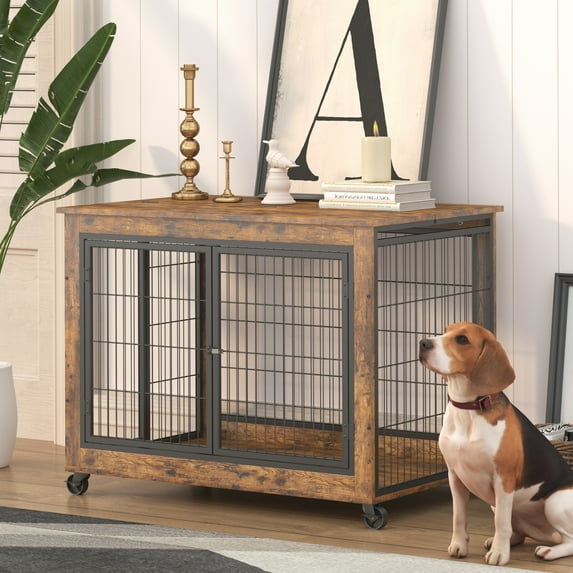 Dog Crate Table, Wooden Dog Crate Furniture with Wheels and Lift Top Doors, Decorative Dog Kennels Pet Crate End Table for Small Medium Large Dog, 38.58"W x 25.5"D x 27.36"H, Rustic Brown