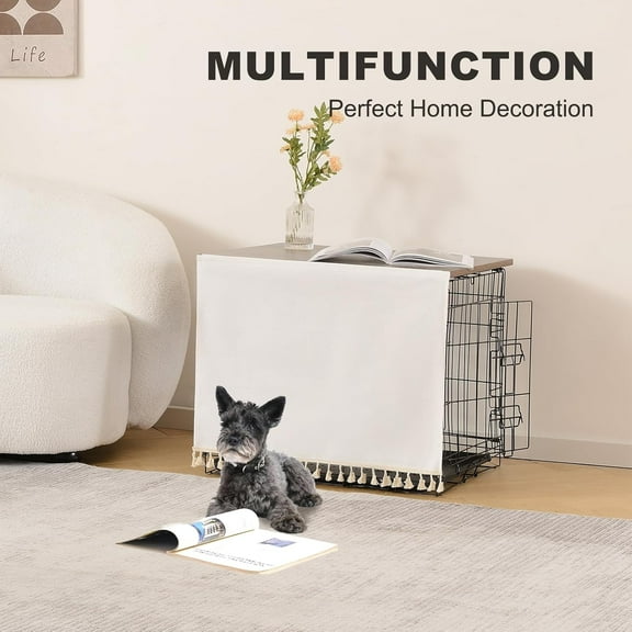 Dog Crate Topper Wood for 48 42 36 24 Inch Cages, Rustic Style Table Topper with Tassel Curtain