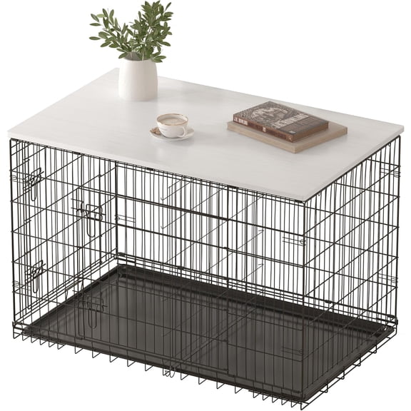 Dog Crate Topper Wooden Countertop Cover for 42 Inch Crate, White, Fabric