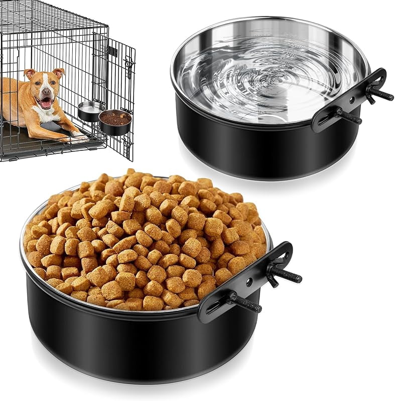 2 Pack Stainless Steel No-Spill Dog Crate Bowls – Hanging Kennel Bowls For Medium/Large Dogs