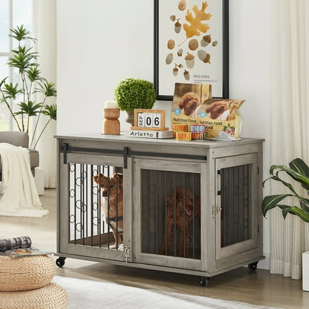 Dog Crate on Wheels, Seizeen 39" Large Dog Cage with Partition for Two Puppies, Heavy Duty Dog Kennel with Lockable Sliding Door, Modern Home End Table with Openable Tabletop, Gray, L0509