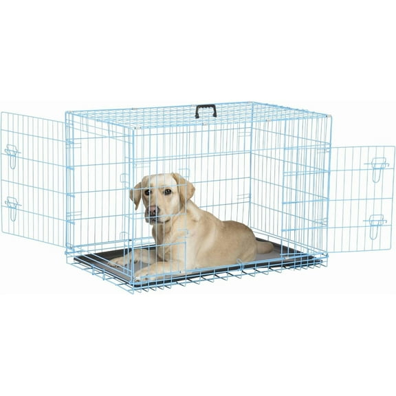 Dog Crate, Wire Kennel with Divider Panel, Metal Cages with Double Door, Leak-Proof Pan Tray, Folding Portable Pet Dog Cage for Indoor Outdoor Travel (Blue, 48")