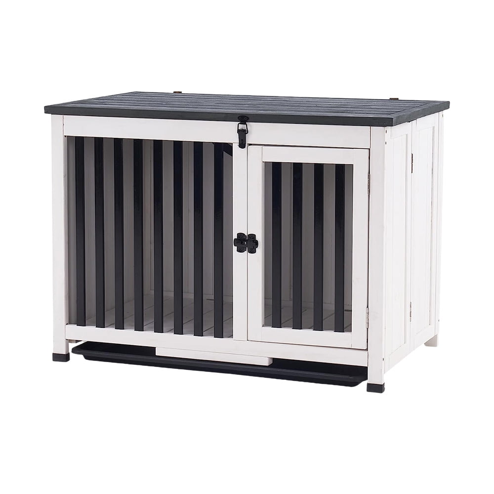 Dog Crate, Wooden Dog Kennel w/ Flexible Hinges and Metal Bars, 33