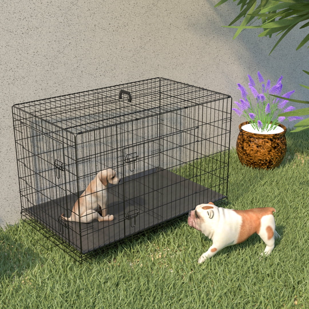 Large 42 Inch DoubleDoor Dog Crate, Folding Metal Pet Kennel with Divider Panel, Tray, Handle