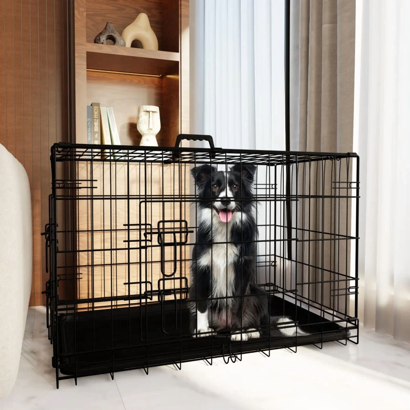 Dog Crate for Large Dogs 42 Inch Folding Metal WirePet Cage Double Door W/Divider Panel Indoor Outdoor Kennel Leak-Proof Plastic Tray
