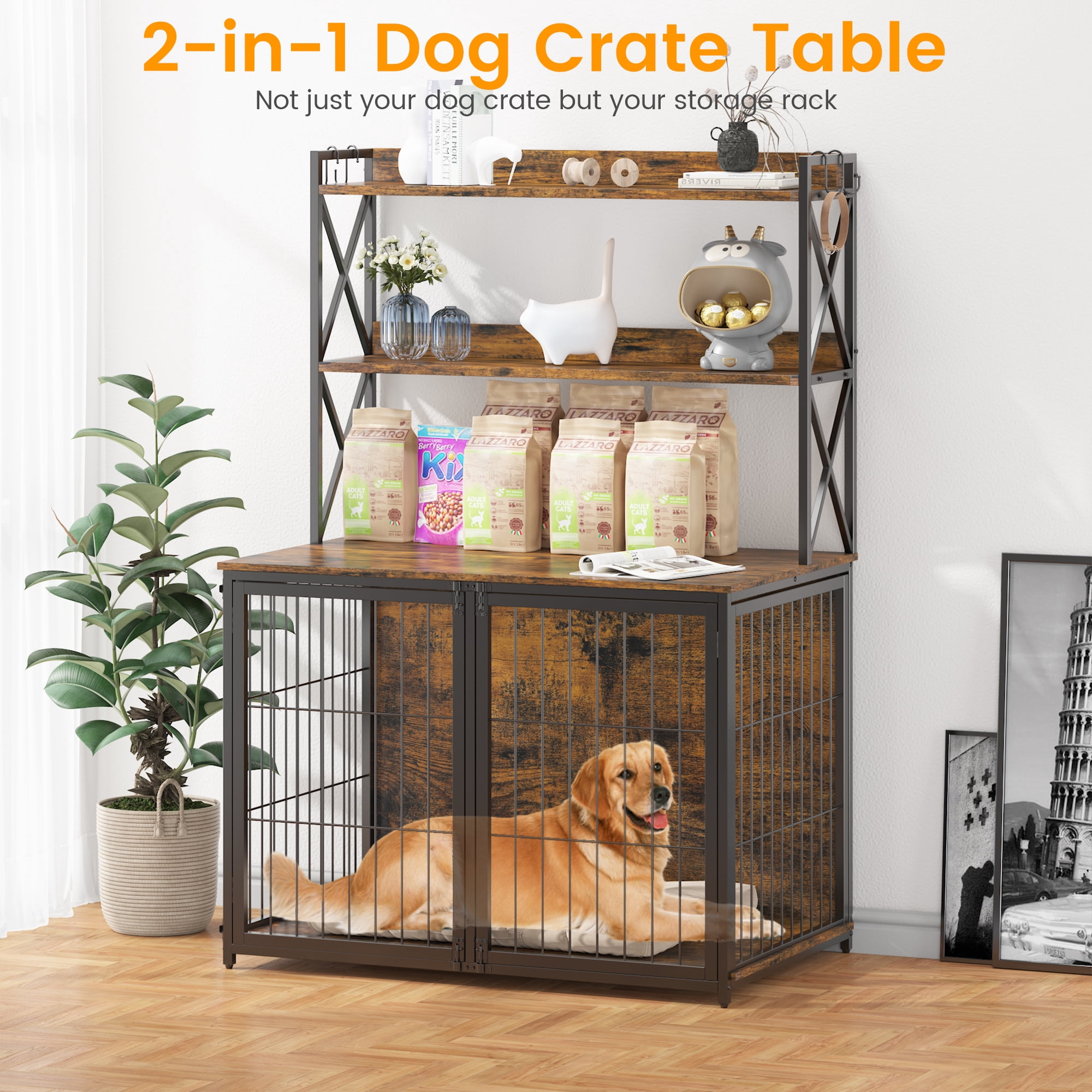 Tree Dog Storage Dog Crate with Integrated Storage Shelves | Multi-Door Kennel Furniture ...