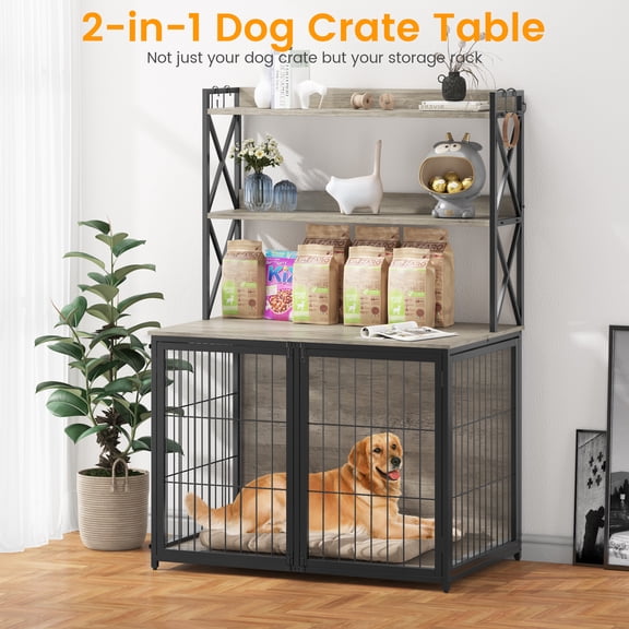 Dog Crate with Integrated Storage Shelves | Multi-Door Kennel Furniture for Pet Supplies Organization