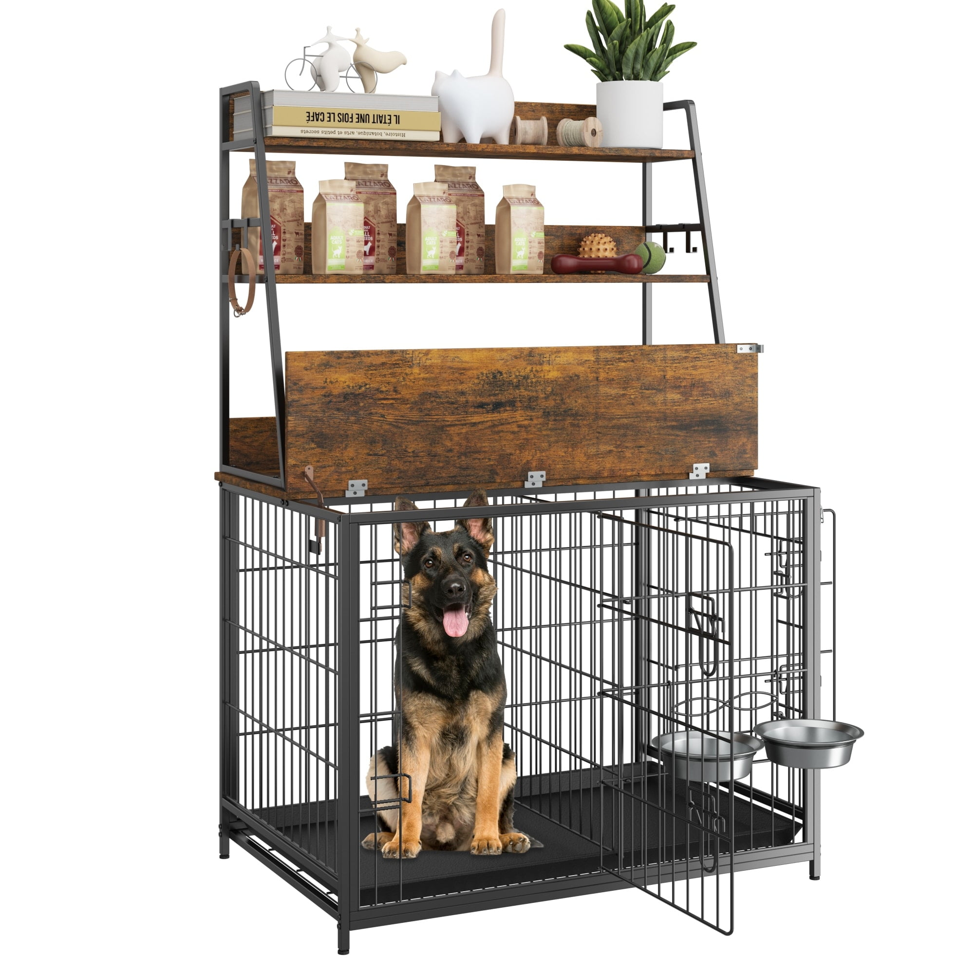 Large Brown Wooden Dog Crate with Storage Shelves