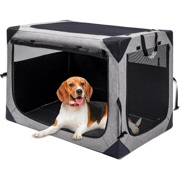 Dog Crates - 36 Inch Collapsible Soft Dog Crate, 3-Door Foldable Soft Kennel for Large Dogs, Portable Pet Travel Cage with Chew Proof Mesh Window for Outdoors
