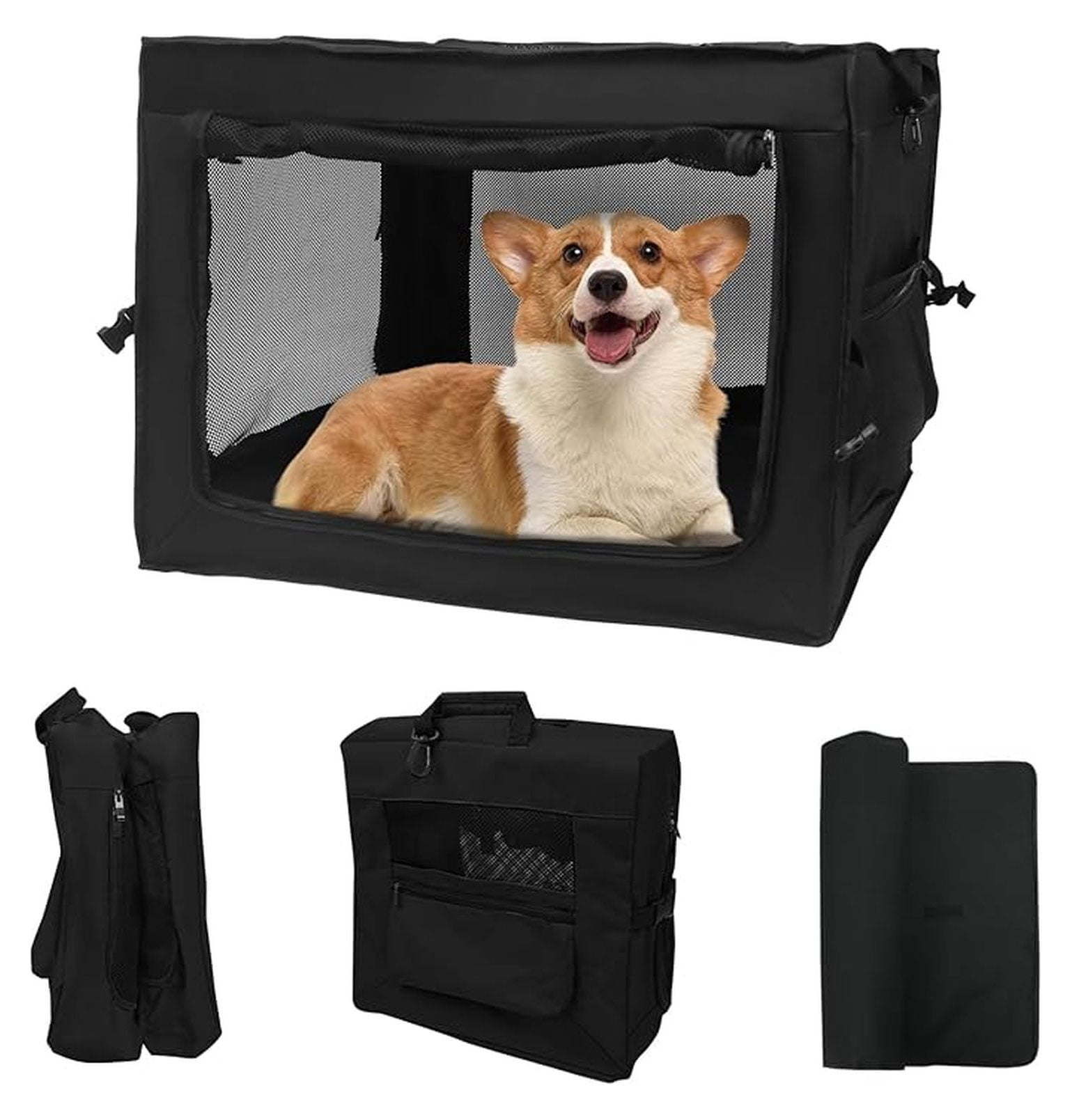 Dog Crates for Medium & Large Dogs, 30 Inch Portable Travel Dog Crate with Chew Proof Mesh, Soft Collapsible Dog Crate with Absorbent Dog Pad, Car Dog Kennel Indoor & Outdoor 4-Door