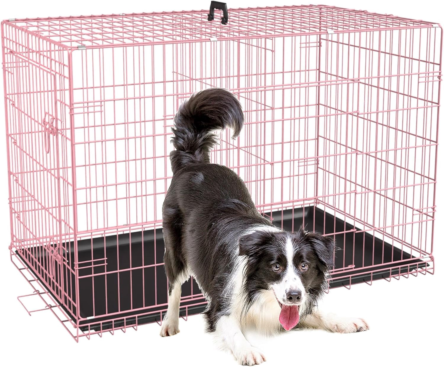 Dog Crates for Large Dogs 48 Inch Folding Mental Wire Crates Outdoor and Indoor Pet Dog Cage with Double-Door, Divider Panel, Removable Tray, Pink