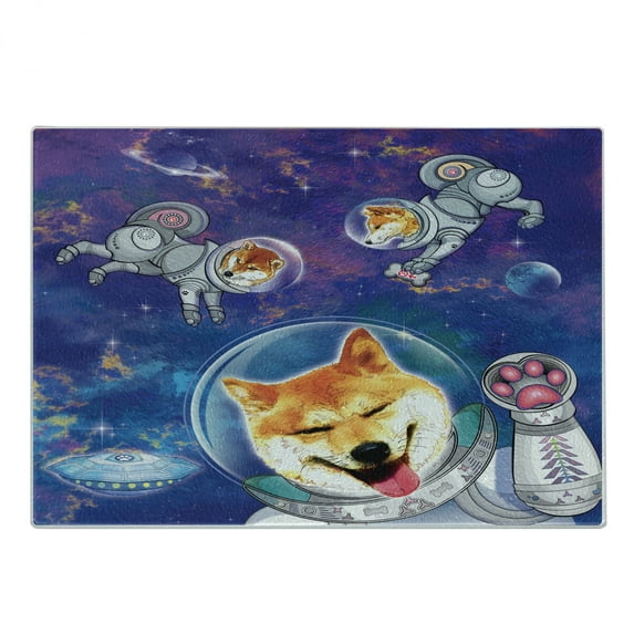 Dog Cutting Board, Astronaut Shibas in Space with an Alien Planet Exploring the Unknown Themed Cartoon, Decorative Tempered Glass Cutting and Serving Board, Small Size, Multicolor, by Ambesonne