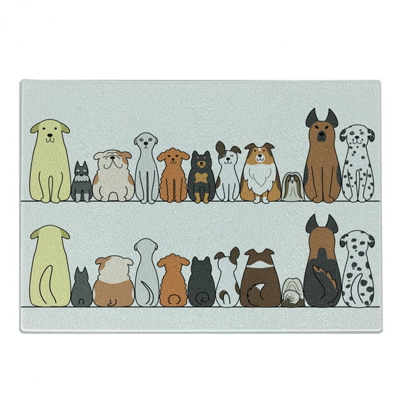 Dog Cutting Board, Multicultural Dog Family in a Row from Back and Front Views Companionship Comic Art, Decorative Tempered Glass Cutting and Serving Board, Small Size, Yellow Brown, by Ambesonne