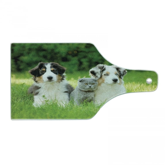 Dog Cutting Board, Pets Puppy Family in the Garden Australian Shepherds and a Cat Scenery, Decorative Tempered Glass Cutting and Serving Board, Wine Bottle Shape, Cream Grey Fern Green, by Ambesonne