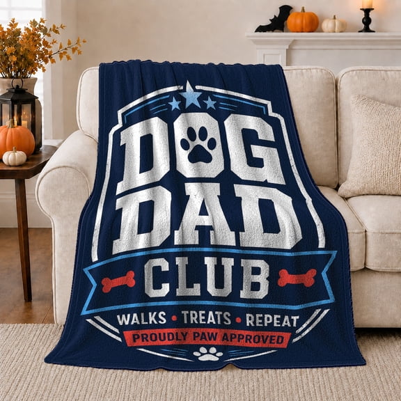 Dog Dad Club Shield Emblem Proud Paw Approved, Playful Pet Portrait Pattern, Warm Flannel Blanket for Living Room and Bedroom, Dog Lovers Father's Day Gift, Pet Lover Home Decor