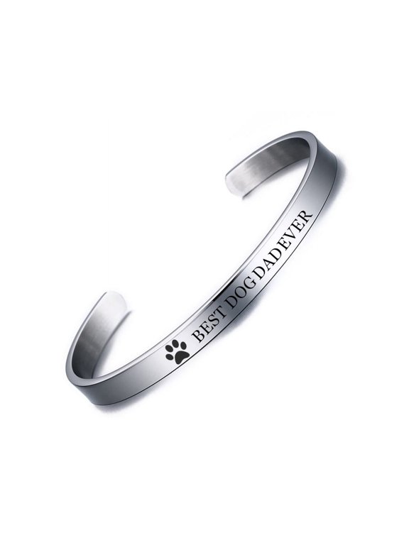 Dog Dad Cuff Bracelet Bangle Custom Fur Dad Pet Lover Jewelry Dogfather Dogmother Gift Personalized Father's Day Valentines Gift for Dog Daddy Mom, Silver