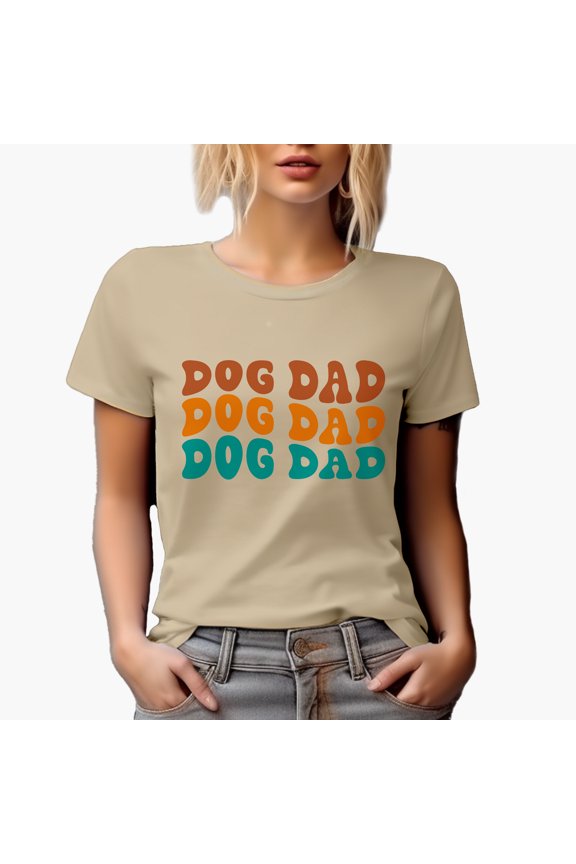 Dog Dad, Name or Title for Dads of Dogs, Groovy Retro Wavy Text Merch Gift, Tan T-Shirt, Large