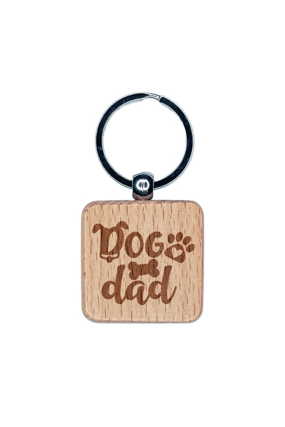 Dog Dad Paw Print Square Keychain Charm Tag - Engraved Wood