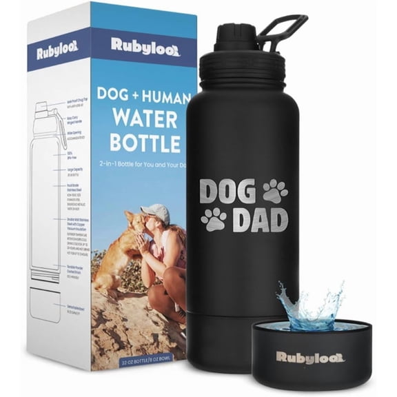 Rubyloo Dog Dad Water Bottle, 32 oz Stainless Steel Double Wall Insulated Water Bottle with 8 oz Bowl, "Dog Dad" in Black