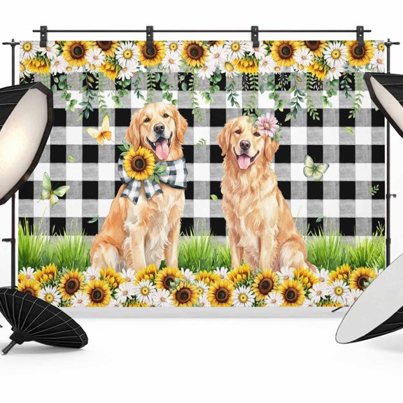 Dog Daisy Photography Backdrop 7x5FT, Summer Yellow Sunflower Black Plaid Butterfly Photo Backdrops, Background for Photography Studio Photo Studio Background, Back Drop for Photoshoot