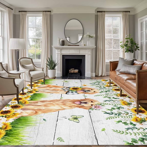 Dog Daisy Washable Living Room Rugs 5'x7', Summer Yellow Sunflower White Wood Grain Butterfly Low Pile Throw Large Area Rugs Non-Slip Sturdy Edge Binding Carpet for Dining Room Bedside Kitchen