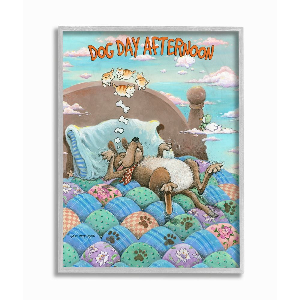 Dog Day Afternoon Funny Cartoon Pet Design Gray Farmhouse Rustic Framed Giclee Texturized Art by Gary Patterson