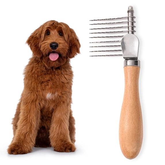 Dog Dematting Comb with Wooden Handle & Detangling Brush - Stainless Steel Undercoat Rake for Long & Thick Haired Dogs & Cats, Grooming Tool for Deshedding