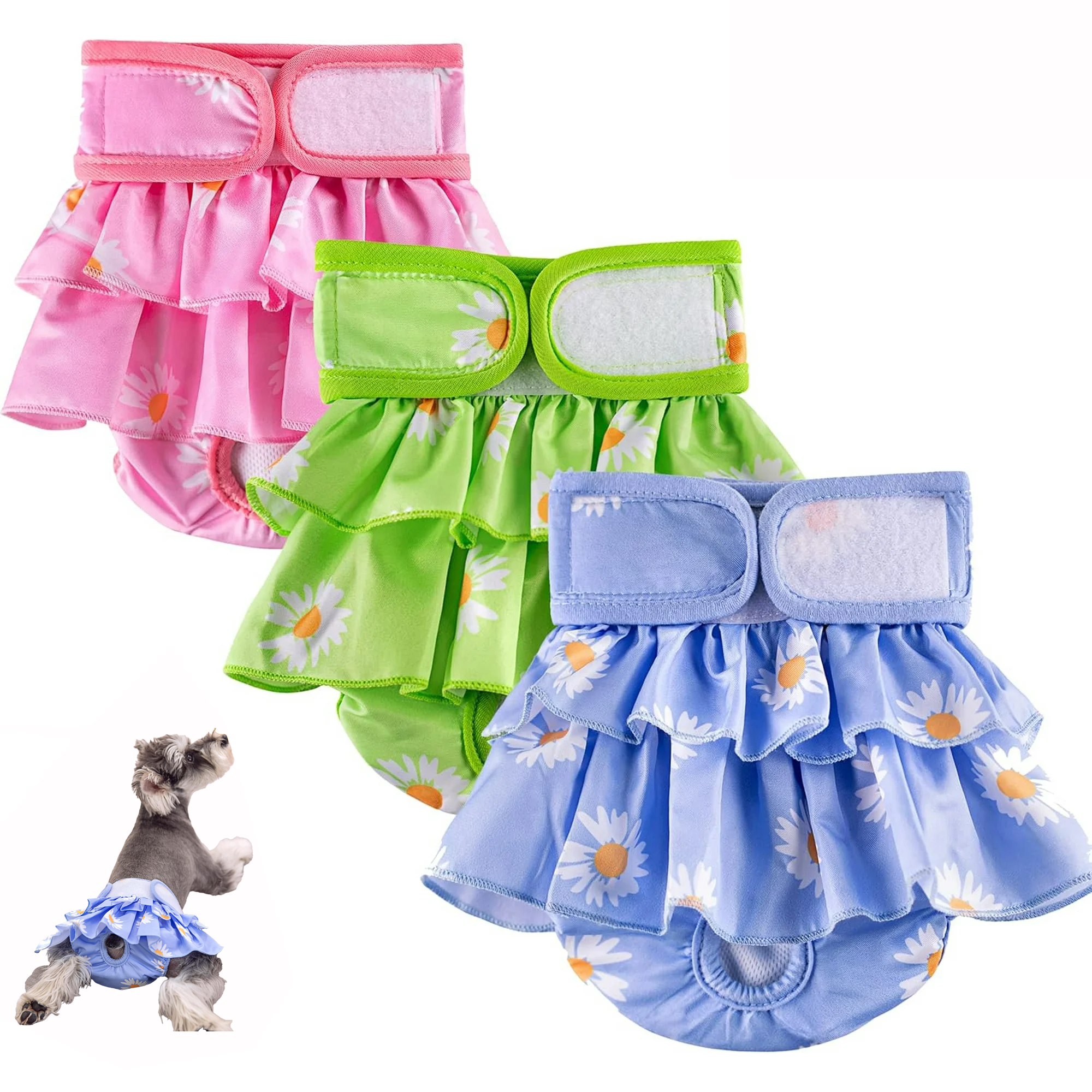 Dog Diapers, Washable Dog Period Diapers Cover, Adjustable Reusable Female Dog Diapers  for Heat, Period, Incontinence. Doggie Princess Dress   ( Large Size, 3 Packs)