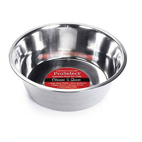 ProSelect Dog Food Bowl Solo Classic - Stainless Steel, Gloss Finish, Dishwasher Safe - 5 Qt