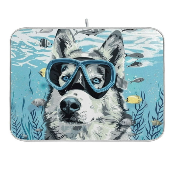 Dog Diver in Sea Dish Drying Mat 16x18 Absorbent Microfiber Draining Rack Pad for Kitchen Counter Sink