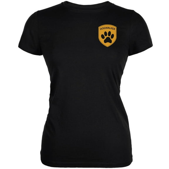 Dog Dogwalker Badge Makes Frequent Stops Black Juniors Soft T-Shirt - Medium