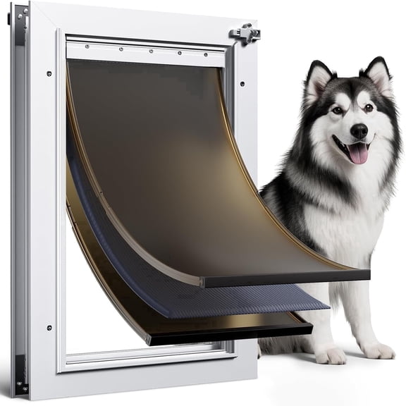 Dog Door for Door 3 Flaps Aluminum Large Doggy Door White Heavy Duty Doggie Door Metal Pet Doors for Dogs with 1 Insulation Flap, Telescoping Tunnel, Lockable Sliding Panel, for Pet up to 110lbs