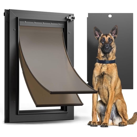 Aluminum Dog Doors for Large Dogs Heavy Duty Doggie Door 22.13" x 13.6" Black Doggy Door Metal Pet Doors for Dogs up to 110lb, with 2 Magnetic Flaps and Sliding Lock Panel, Energy-Efficient (Large)