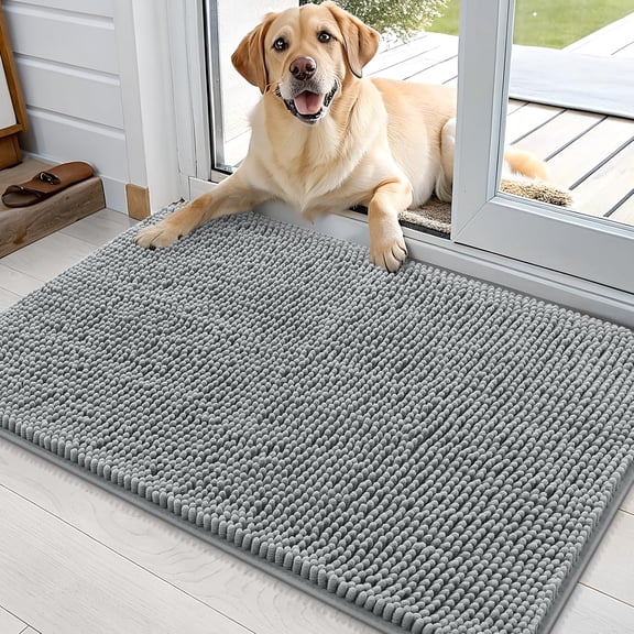 Dog Door Mat for Muddy Paws 36x24, Absorbs Moisture and Dirt, Absorbent Non-Slip Washable Doormat, Quick Dry Chenille Mud Dogs, Entry Indoor Entryway Carpet Inside Floor, Grey